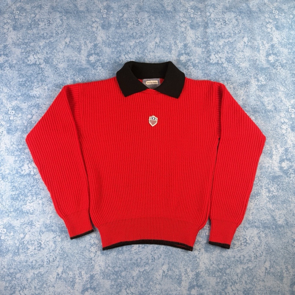 Vintage 70s White Stag Red Ribbed Knit Polo Sweater With Crest Size M Fits S